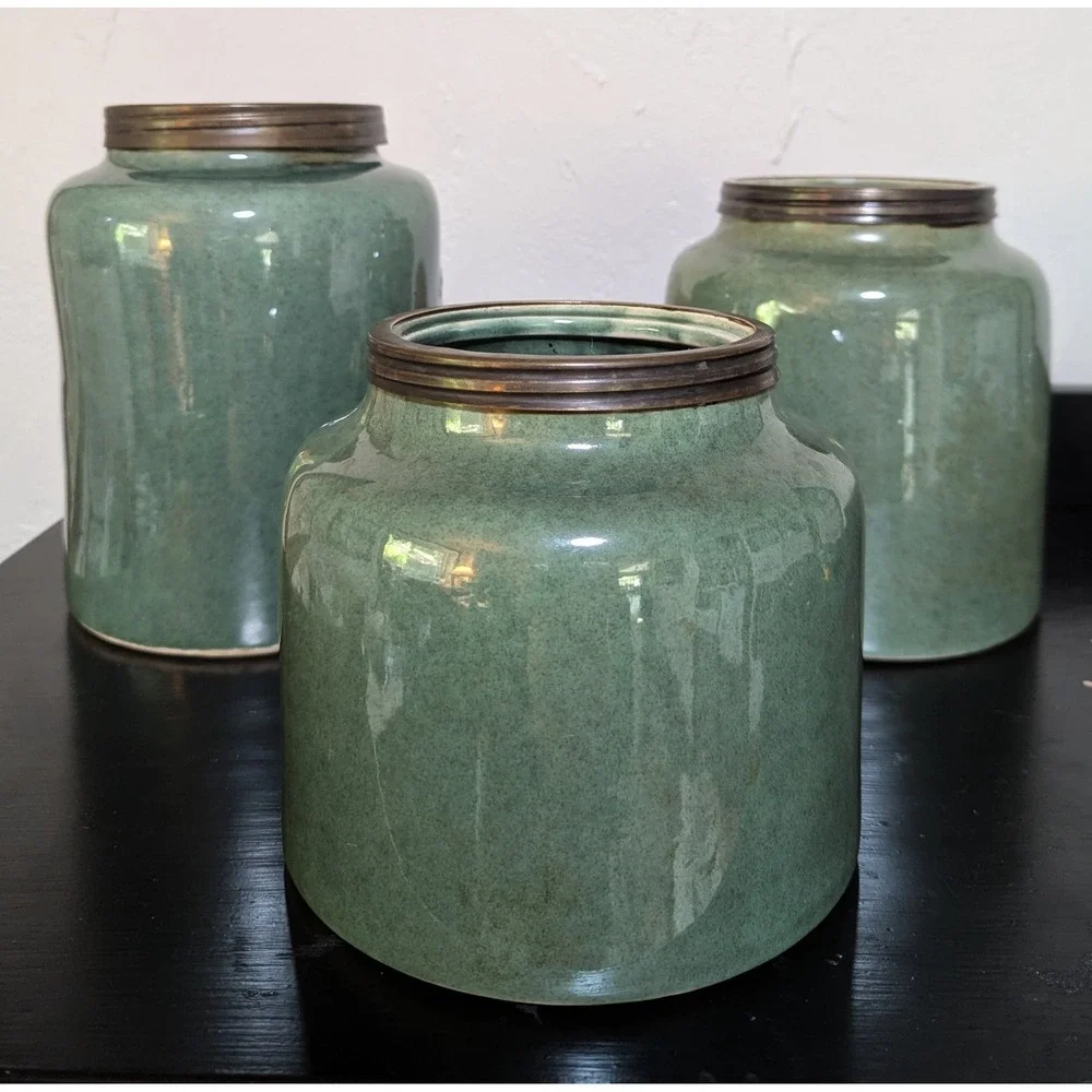 Seasons of Cannon Falls Glossy‎ Celadon Green Ceramic Canister Set (3) - Picture 2 of 8
